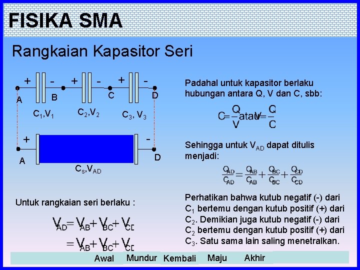 FISIKA SMA Rangkaian Kapasitor Seri + - + C B A C 1, V
