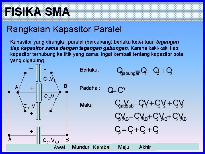 FISIKA SMA Rangkaian Kapasitor Paralel Kapasitor yang dirangkai paralel (bercabang) berlaku ketentuan tegangan tiap