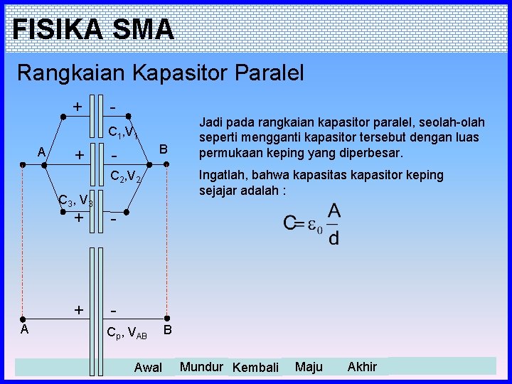 FISIKA SMA Rangkaian Kapasitor Paralel + C 1, V 1 A + B -