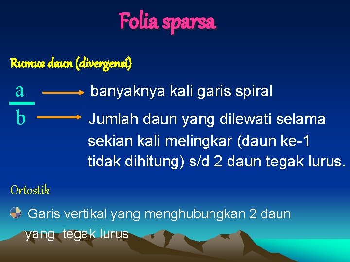 Folia sparsa Rumus daun (divergensi) a b banyaknya kali garis spiral Jumlah daun yang Folia sparsa Rumus daun (divergensi) a b banyaknya kali garis spiral Jumlah daun yang