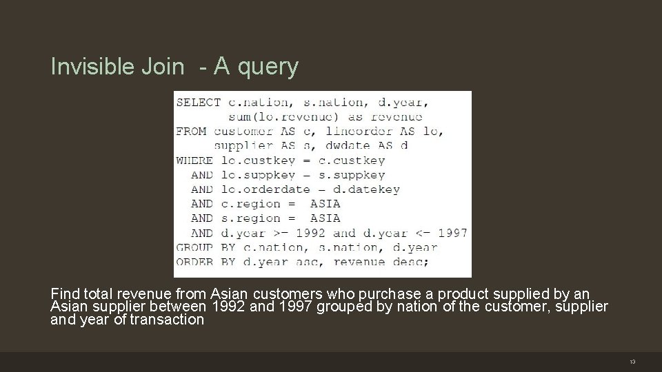 Invisible Join - A query Find total revenue from Asian customers who purchase a