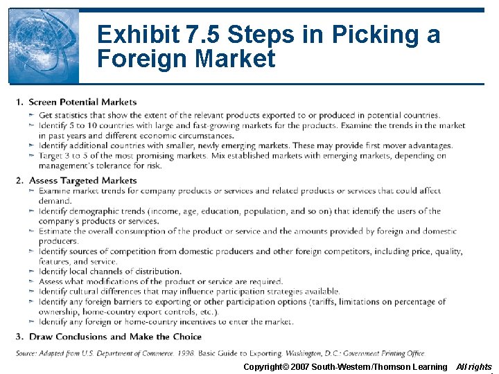 Exhibit 7. 5 Steps in Picking a Foreign Market Copyright© 2007 South-Western/Thomson Learning All
