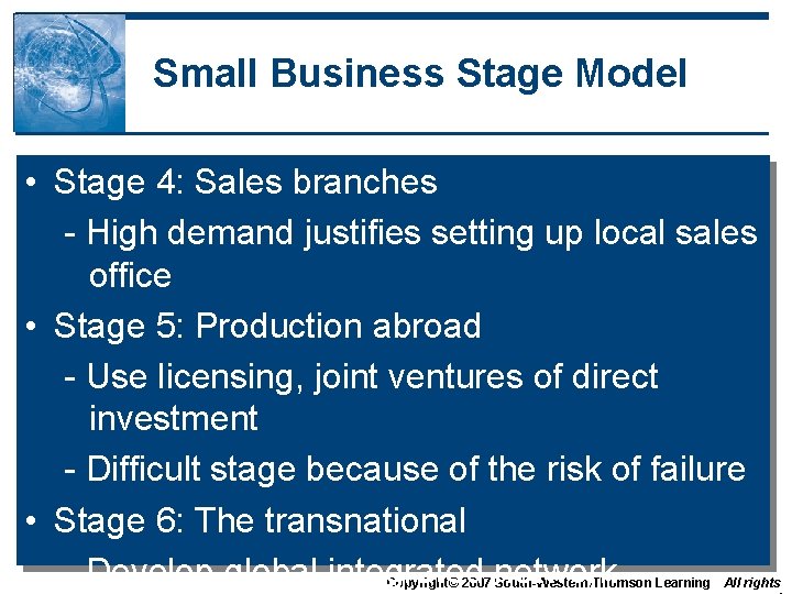 Small Business Stage Model • Stage 4: Sales branches - High demand justifies setting