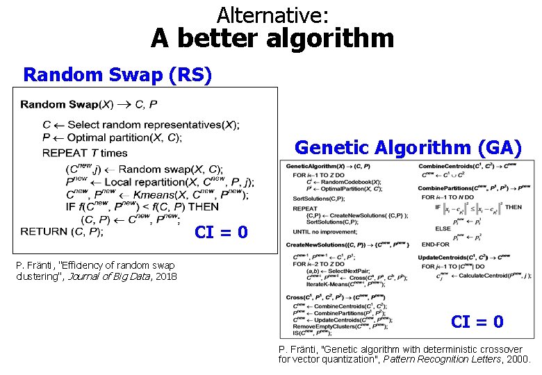 Alternative: A better algorithm Random Swap (RS) Genetic Algorithm (GA) CI = 0 P.