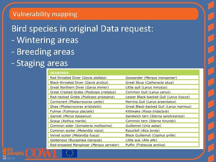 Vulnerability mapping Bird species in original Data request: - Wintering areas - Breeding areas