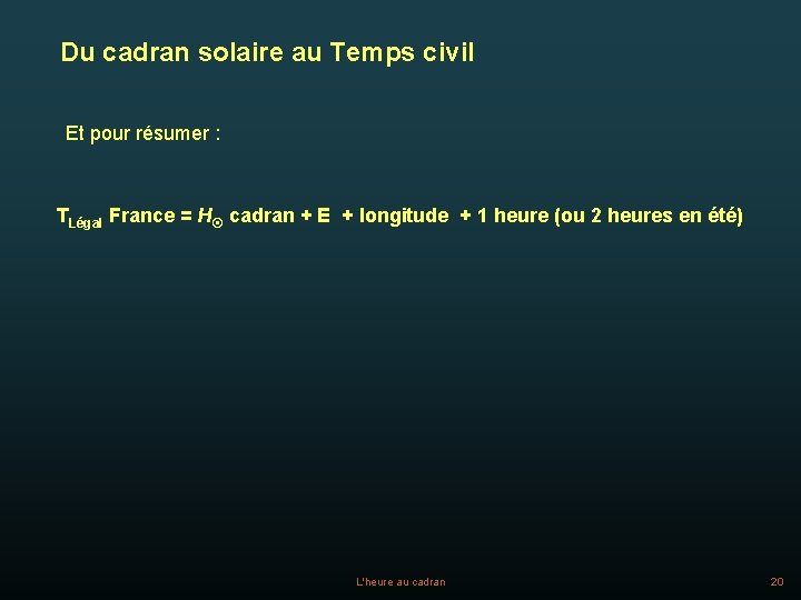 Du cadran solaire au Temps civil Et pour résumer : TLégal France = H