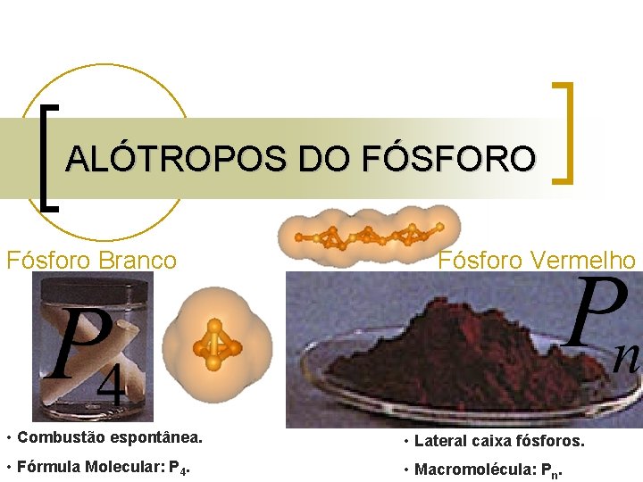 ALÓTROPOS DO FÓSFORO Fósforo Branco Fósforo Vermelho • Combustão espontânea. • Lateral caixa fósforos.