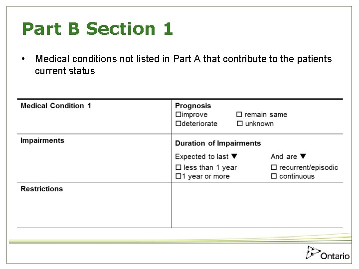 Part B Section 1 • Medical conditions not listed in Part A that contribute