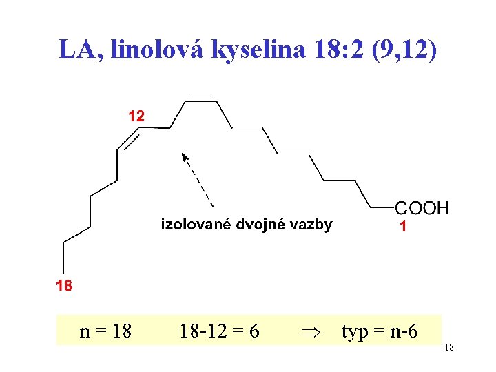 LA, linolová kyselina 18: 2 (9, 12) n = 18 18 -12 = 6