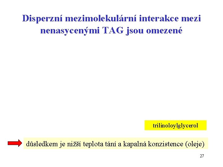 Disperzní mezimolekulární interakce mezi nenasycenými TAG jsou omezené trilinoloylglycerol důsledkem je nižší teplota tání