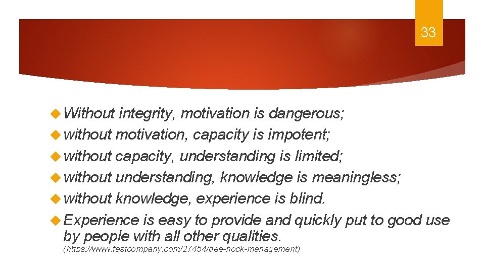 33 Without integrity, motivation is dangerous; without motivation, capacity is impotent; without capacity, understanding
