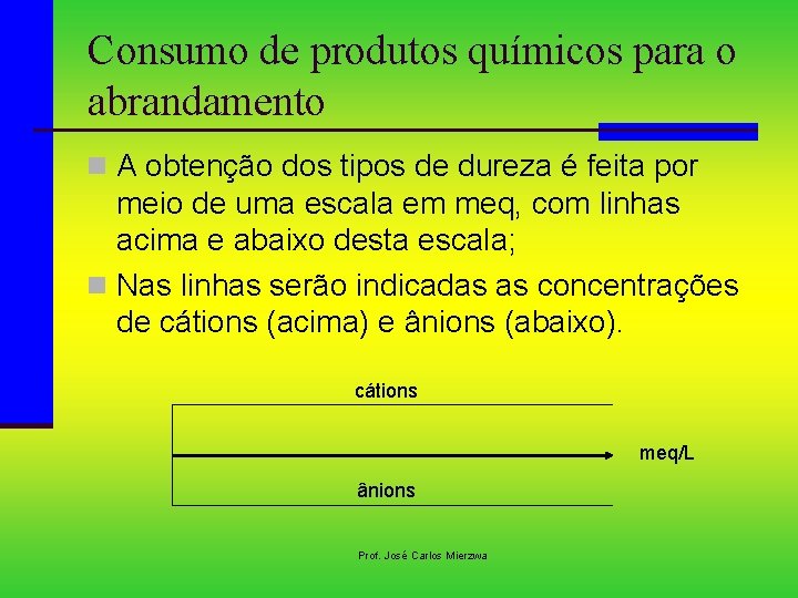 Consumo de produtos químicos para o abrandamento n A obtenção dos tipos de dureza