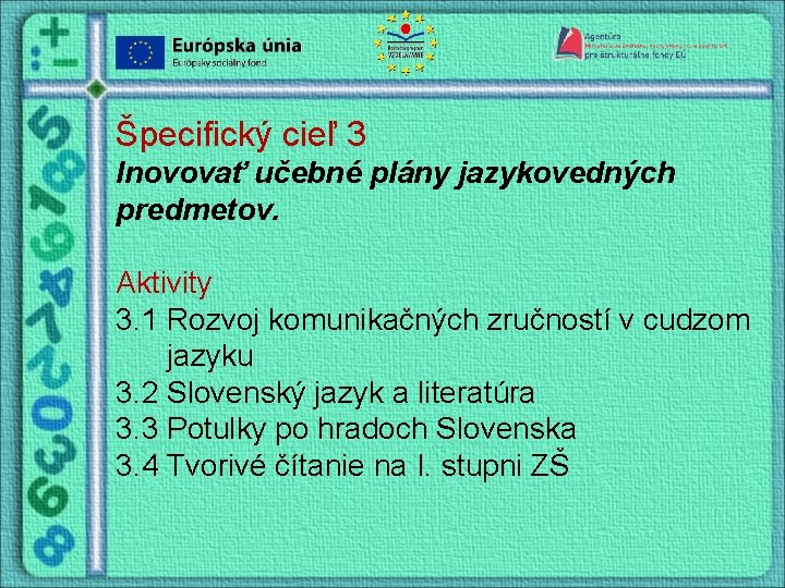 Špecifický cieľ 3 Inovovať učebné plány jazykovedných predmetov. Aktivity 3. 1 Rozvoj komunikačných zručností