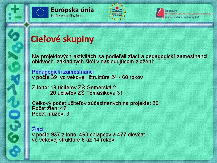 Cieľové skupiny Na projektových aktivitách sa podieľali žiaci a pedagogickí zamestnanci obidvoch základných škôl