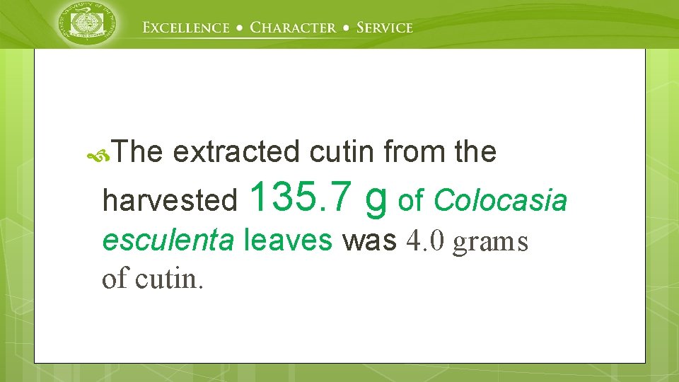  The extracted cutin from the harvested 135. 7 g of Colocasia esculenta leaves