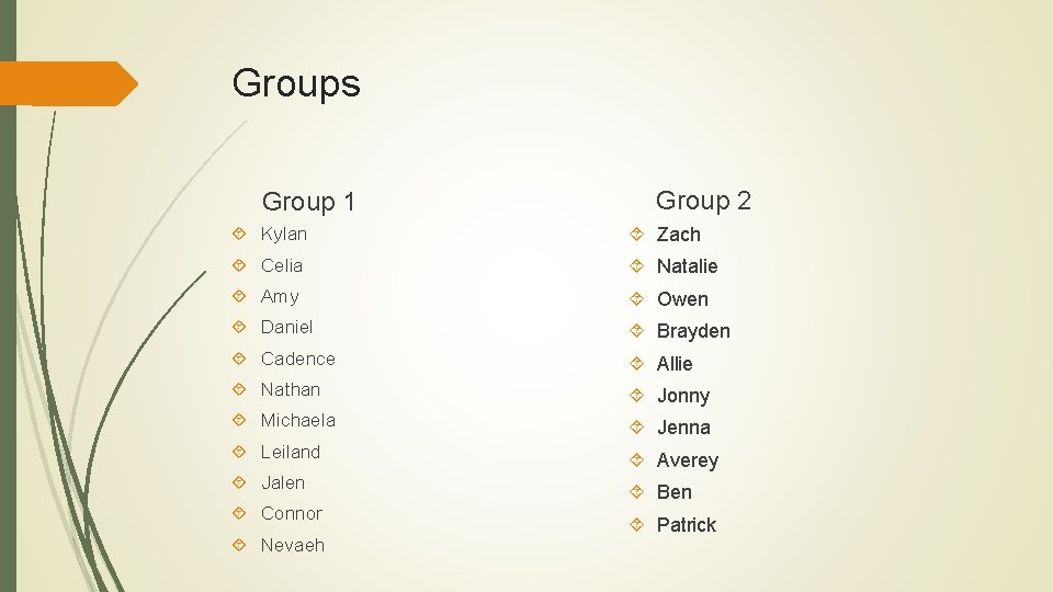 Groups Group 1 Group 2 Kylan Zach Celia Natalie Amy Owen Daniel Brayden Cadence