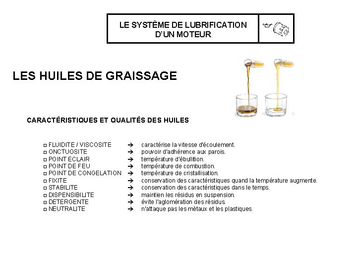 LE SYSTÈME DE LUBRIFICATION D’UN MOTEUR LES HUILES DE GRAISSAGE CARACTÉRISTIQUES ET QUALITÉS DES LE SYSTÈME DE LUBRIFICATION D’UN MOTEUR LES HUILES DE GRAISSAGE CARACTÉRISTIQUES ET QUALITÉS DES