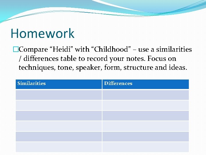 Homework �Compare “Heidi” with “Childhood” – use a similarities / differences table to record