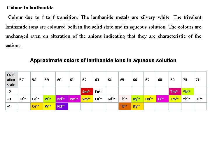  Colour in lanthanide Colour due to f transition. The lanthanide metals are silvery