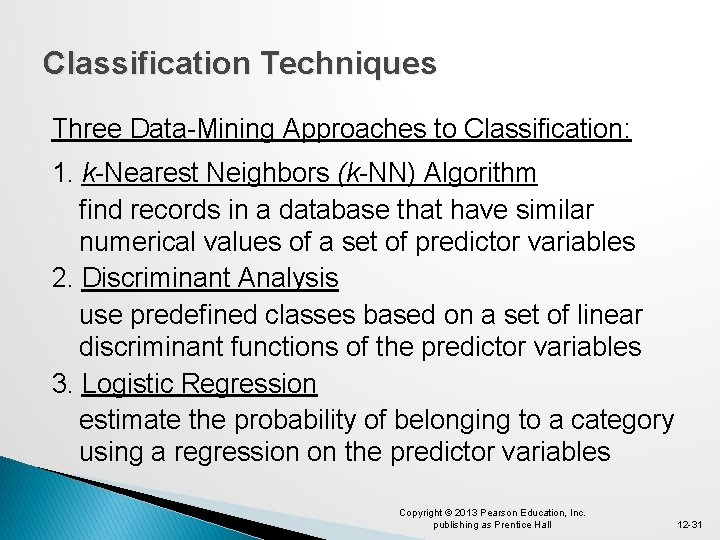 Classification Techniques Three Data-Mining Approaches to Classification: 1. k-Nearest Neighbors (k-NN) Algorithm find records