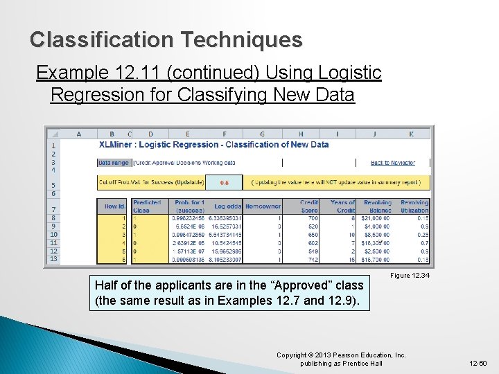 Classification Techniques Example 12. 11 (continued) Using Logistic Regression for Classifying New Data Half