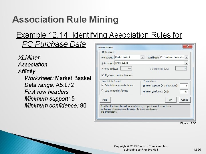 Association Rule Mining Example 12. 14 Identifying Association Rules for PC Purchase Data XLMiner