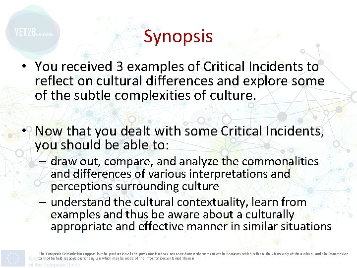 Synopsis • You received 3 examples of Critical Incidents to reflect on cultural differences