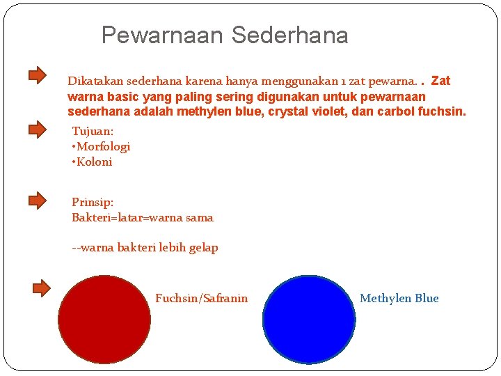 Pewarnaan Sederhana Dikatakan sederhana karena hanya menggunakan 1 zat pewarna. . Zat warna basic