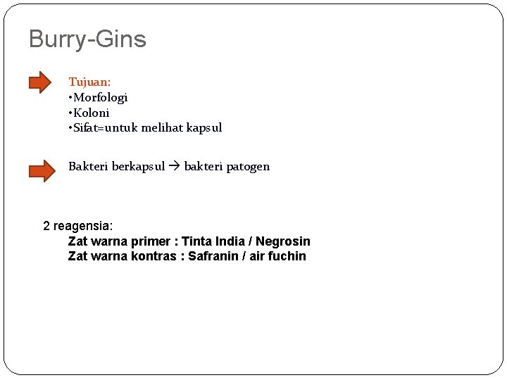 Burry-Gins Tujuan: • Morfologi • Koloni • Sifat=untuk melihat kapsul Bakteri berkapsul bakteri patogen