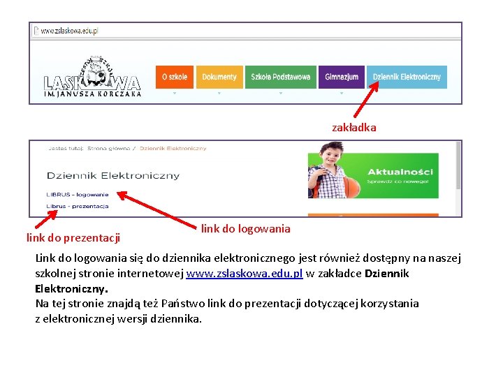 zakładka link do prezentacji link do logowania Link do logowania się do dziennika elektronicznego