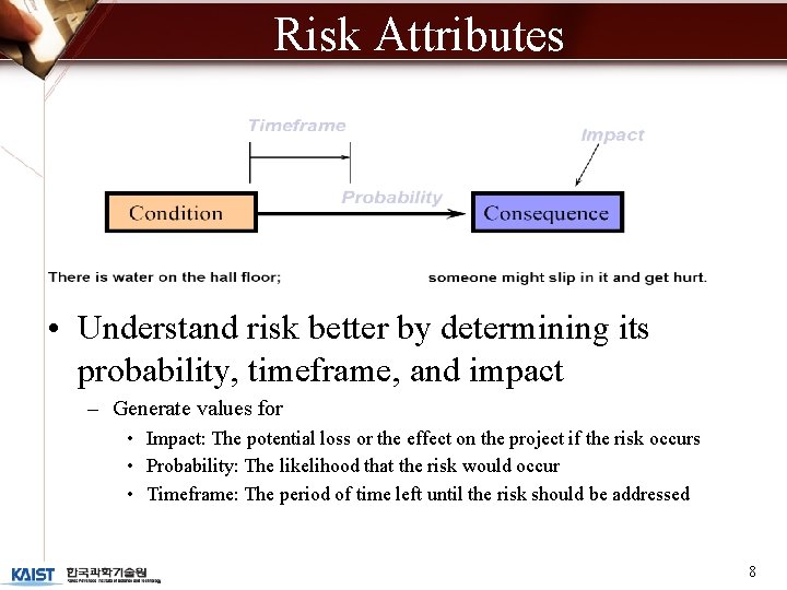 Risk Attributes • Understand risk better by determining its probability, timeframe, and impact –