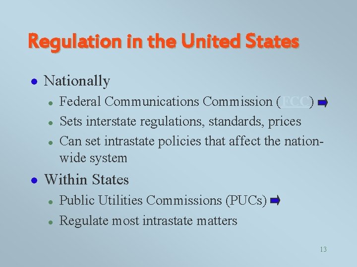 Regulation in the United States l Nationally l l Federal Communications Commission (FCC) Sets