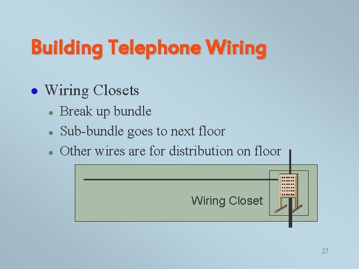 Building Telephone Wiring l Wiring Closets l l l Break up bundle Sub-bundle goes