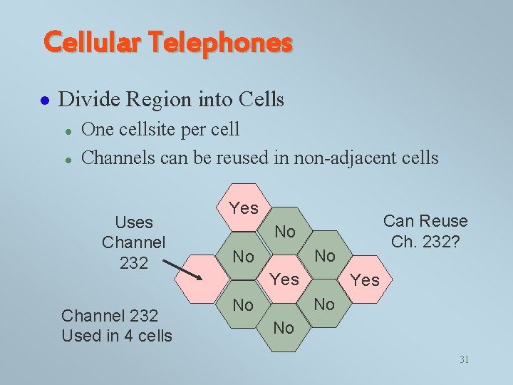 Cellular Telephones l Divide Region into Cells l l One cellsite per cell Channels