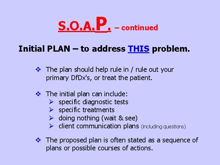 S. O. A. P. – continued Initial PLAN – to address THIS problem. v