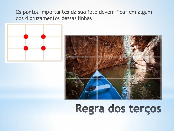 Os pontos importantes da sua foto devem ficar em algum dos 4 cruzamentos dessas