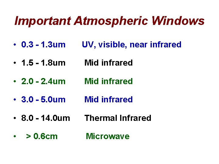 Important Atmospheric Windows • 0. 3 - 1. 3 um UV, visible, near infrared