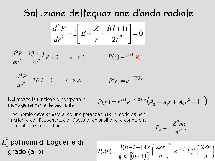 Soluzione dell’equazione d’onda radiale x Nel mezzo la funzione si comporta in modo genericamente
