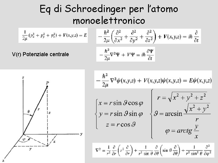 Eq di Schroedinger per l’atomo monoelettronico V(r) Potenziale centrale 