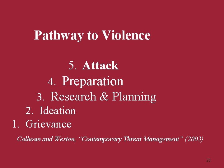 Pathway to Violence 5. Attack 4. Preparation 3. Research & Planning 2. Ideation 1.