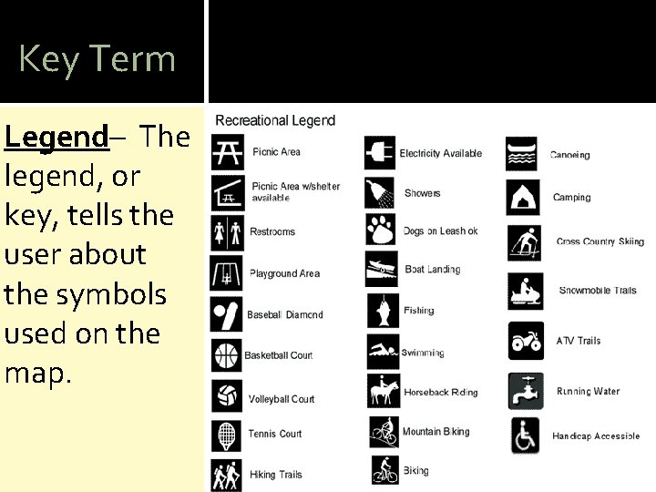 Key Term Legend– The legend, or key, tells the user about the symbols used