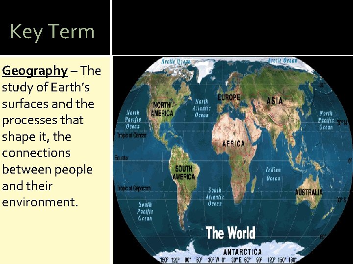 Key Term Geography – The study of Earth’s surfaces and the processes that shape
