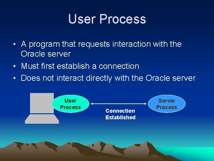 User Process • A program that requests interaction with the Oracle server • Must