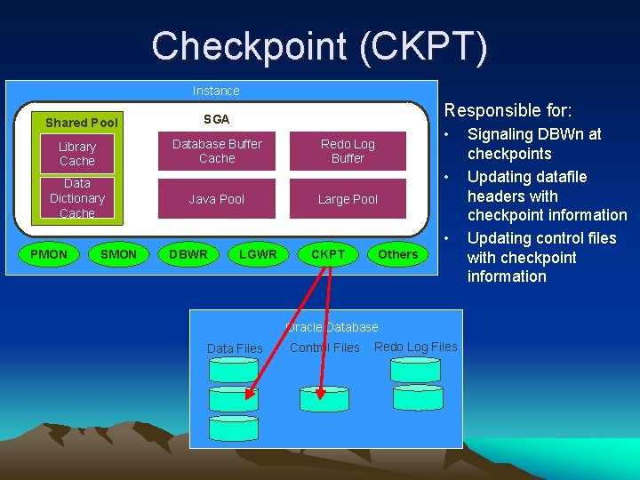 Checkpoint (CKPT) Instance Responsible for: Shared Pool SGA Library Cache Database Buffer Cache Data