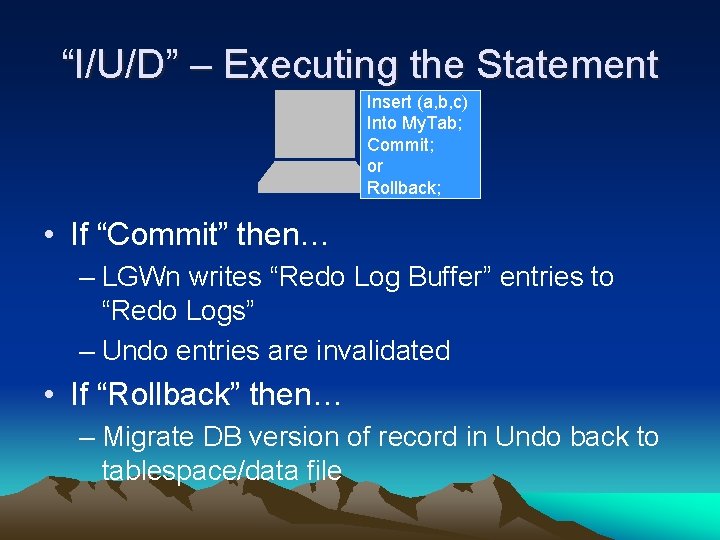 “I/U/D” – Executing the Statement Insert (a, b, c) Into My. Tab; Commit; or
