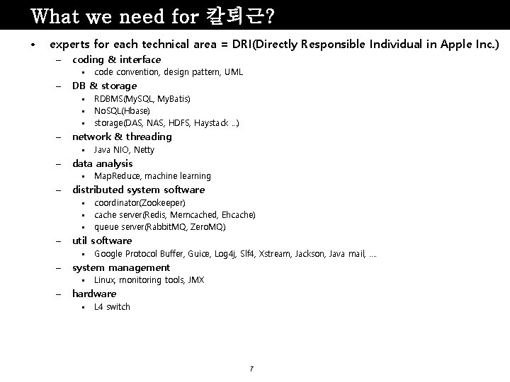 What we need for 칼퇴근? • experts for each technical area = DRI(Directly Responsible