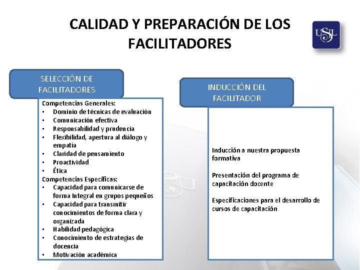 CALIDAD Y PREPARACIÓN DE LOS FACILITADORES SELECCIÓN DE FACILITADORES Competencias Generales: • Dominio de
