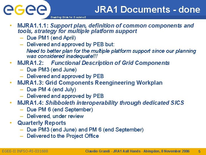 JRA 1 Documents - done Enabling Grids for E-scienc. E • MJRA 1. 1.
