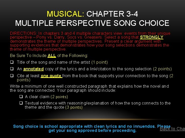 MUSICAL: CHAPTER 3 -4 MULTIPLE PERSPECTIVE SONG CHOICE DIRECTIONS: In chapters 3 and 4 MUSICAL: CHAPTER 3 -4 MULTIPLE PERSPECTIVE SONG CHOICE DIRECTIONS: In chapters 3 and 4