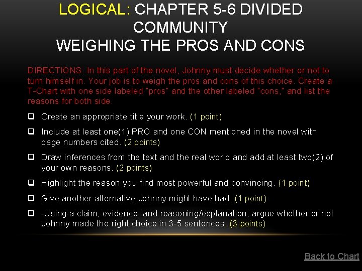 LOGICAL: CHAPTER 5 -6 DIVIDED COMMUNITY WEIGHING THE PROS AND CONS DIRECTIONS: In this LOGICAL: CHAPTER 5 -6 DIVIDED COMMUNITY WEIGHING THE PROS AND CONS DIRECTIONS: In this